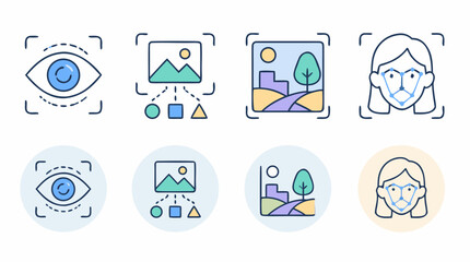 Fototapeta premium Modern rounded line vector icons for computer vision and visual AI, featuring eye scanning, image analysis, object classification, scene segmentation and editable pastel UI badge set