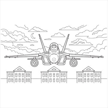 Fighter jet soaring above neoclassical buildings in a minimalist sketch