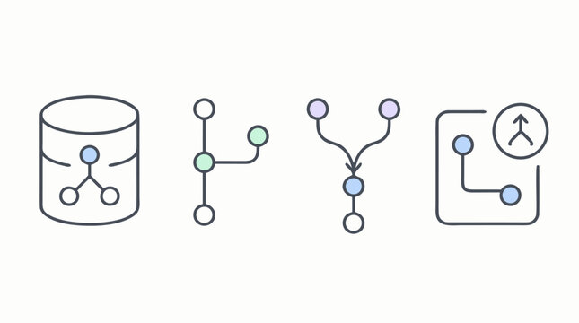 Rounded line vector icon set for Git code repository workflow, showing database storage, branch paths, merge arrows and pull request symbols with pastel nodes and editable stroke style
