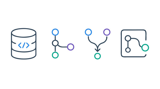 Rounded line vector icon collection for software development and version control, featuring code database, branching paths, merge flow and pull request UI marks in editable stroke style