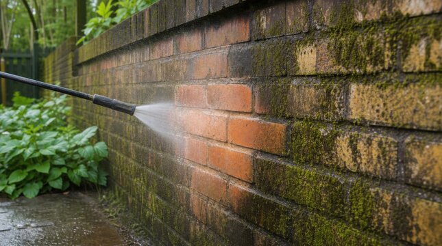 A brick wall is being pressure washed, removing dirt, grime, and moss to reveal clean, red bricks underneath.