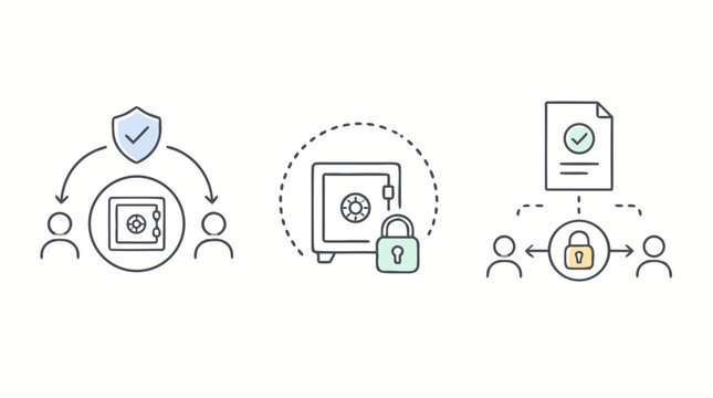 Escrow secure holding thin line icon set with safe vault, shield, lock, verified document, buyers and sellers, conditional release workflow, editable stroke flat vector illustration pack