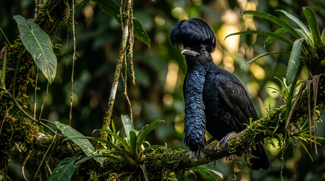 Anamb&eacute;-preto, P&aacute;ssaro-trov&atilde;o, Macan&aacute;, Anamb&eacute;-ornato, Uiramenbi, Long-Wattled Umbrellabird Perched on Mossy Branch in Rainforest, Black Crested Bird