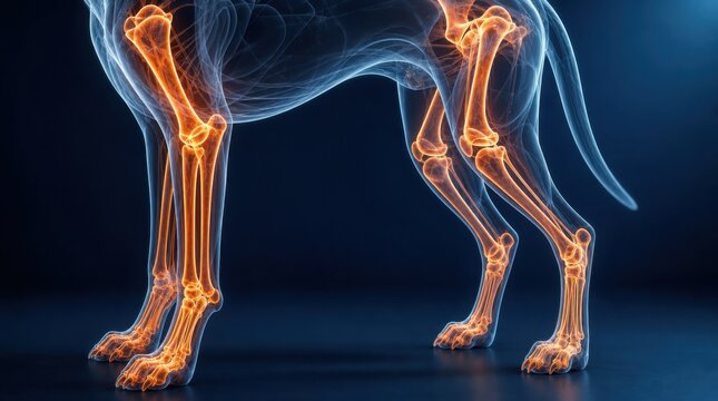 Transparent dog skeletal illustration highlighting leg bones in glowing orange against dark blue background.