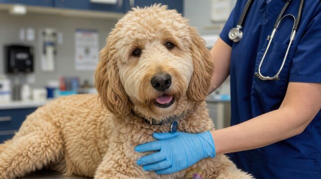 A fluffy golden doodle lies calmly on a veterinary exam table while a vet wearing blue gloves gently examines the dog.