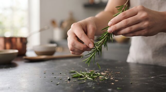 Person hands stripping fresh green rosemary herb leaves on dark kitchen countertop board
