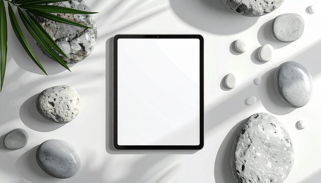 A tablet stands on a travertine stone podium with elegant surroundings.