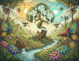 Fototapeta premium Fantasy landscape featuring sustainable energy in a whimsical setting