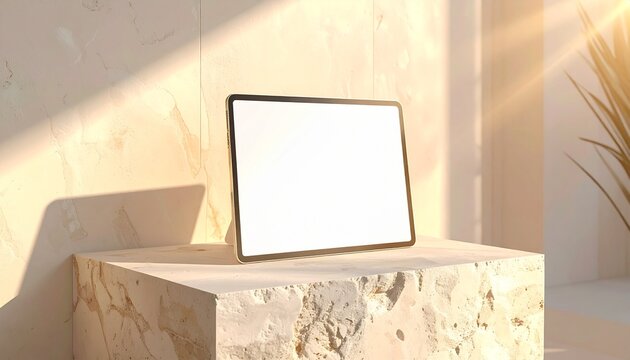 A premium tablet mockup stands on an elegant travertine stone podium in a room.