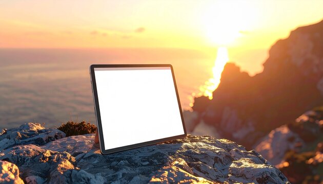 Ultra realistic premium tablet mockup on elegant coastal cliff stone at sunset