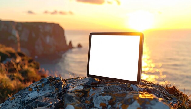 A tablet sits on a rocky cliffside overlooking the ocean at sunset.