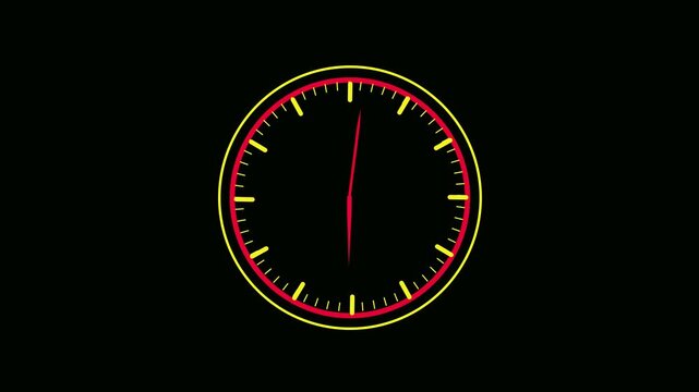 Stylized analog clock with red hands moving rapidly on a black background featuring a yellow and red circular border for time concept animations and motion graphics
