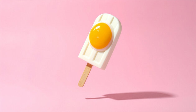Surreal white popsicle topped with a vibrant fried egg yolk, floating against a bright pink background. A whimsical culinary paradox merging breakfast and dessert