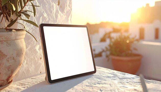 A tablet with a blank screen on a stone surface near plants at sunset