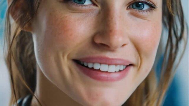 Smiling young woman with freckles in close up portrait