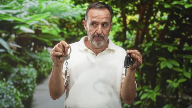 Middle aged man holding handcuffs and car keys in his hands on a forest path, weighing the items; hesitation dilemma.