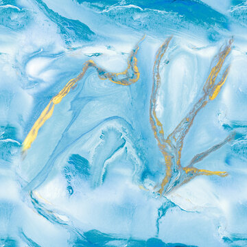 Seamless pattern of blue and gold marble abstract painting, original hand drawn, impressionism style, color texture.