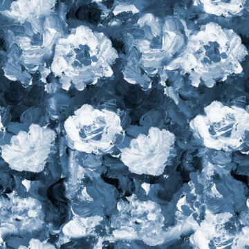 Abstract blue and white flowers seamless pattern, art painting, creative hand painted background, brush texture, acrylic painting on canvas.