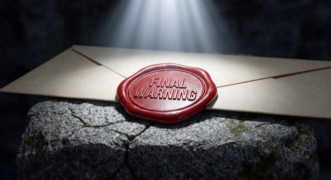 Final warning wax seal on a vintage paper envelope resting upon a rough stone surface with dramatic spotlight lighting in a dark and moody setting