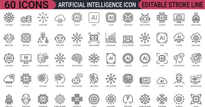 Artificial intelligence machine learning line art icons set, AI microchip processor, digital human brain, robot technology, neural network, big data automation, Web icon, App icon, Vector EPS
