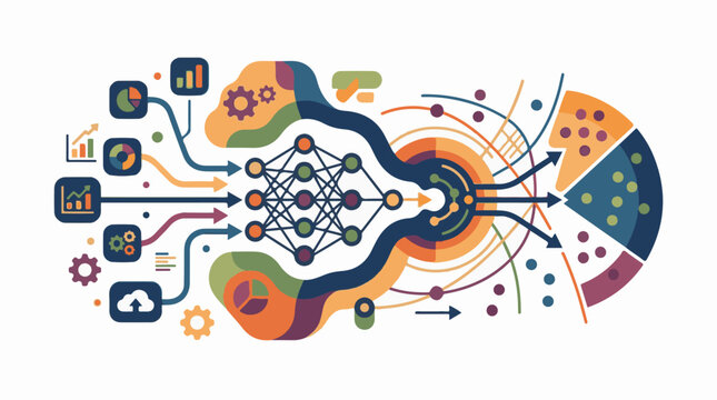 Data flow and neural network processing visualized with charts gears and arrows