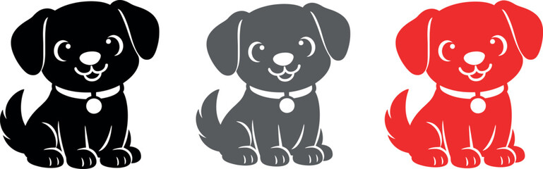 Obraz premium Cute Puppy Black Silhouette Kawaii Dog Mascot Icon with Happy Face Minimal Flat Vector Illustration