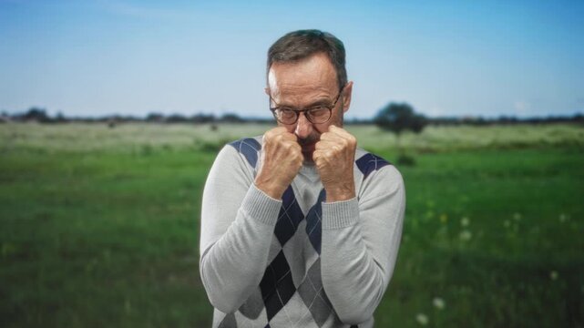 Man with fists raised in a guard pose in a forest field wearing glasses and argyle sweater; determination resilience.