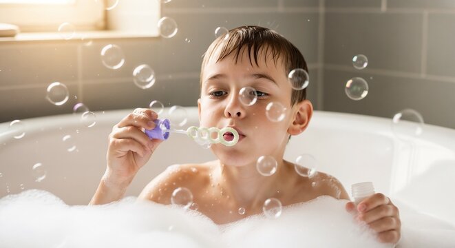 Boy blowing bubbles in bathtub surrounded by foam and bubbles, enjoying playful moment with bubbles, having fun during bath time.