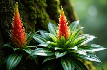 Obraz premium Amazonian zebra plant Aechmea chantinii grows in Saint Gallen botanic garden. Tropical bromeliad flower features bright red orange spiky bloom with variegated striped green leaves. Rare exotic flora