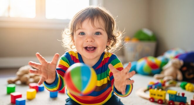 Happy toddler bouncing ball, playing with colorful toys on sunny living room floor. Cheerful toddler bouncing ball, reaching out with hands to grab rainbow toy.