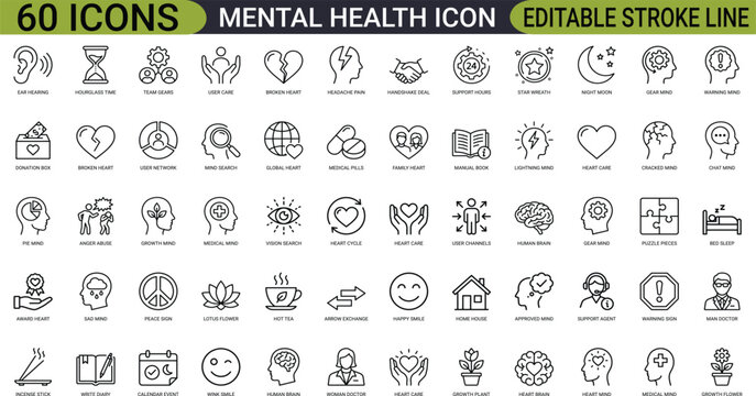 Mental health psychology line art icons set, human brain profile, broken heart stress, happy smile, support group, doctor psychiatrist, pills medication, lotus flower, Web icon, App icon, Vector EPS