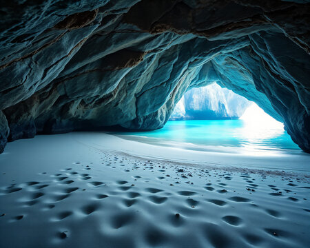 Grotte de glace aux parois saphir d'un bleu &eacute;blouissant, tunnel de glace glaciaire magique avec transparence cristalline et lumi&egrave;re c&eacute;leste qui traverse la glace arctique &eacute;ternelle