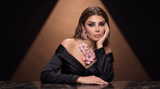 Gorgeous female model with wet hair look posing with hand on face, wearing a luxury pink enamel flower statement necklace and matching floral earrings, off-the-shoulder black satin blazer dress, studi