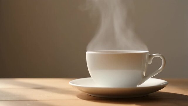 Steaming Hot Cup of Coffee or Tea on a Wooden Table with Natural Morning Sunlight, Cozy Breakfast Atmosphere Full HD