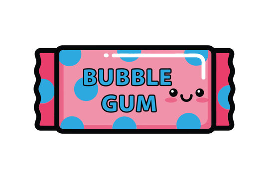 Kawaii pink bubble gum wrapper cartoon illustration isolated on white