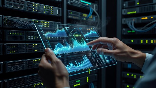 Technician holds a transparent digital tablet with glowing analytics graphs in a server room, ideal for data center monitoring and IT operations.