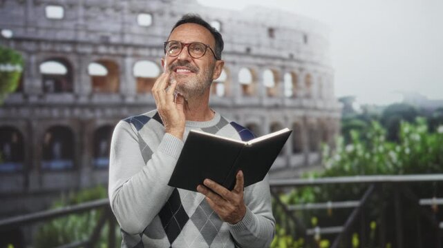Man holding book touching chin at building balcony near colosseum, smiling, wearing glasses and argyle sweater while reading aloud; quiet contemplation.