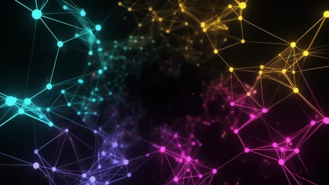 Abstract Colorful Plexus Network Animation with Glowing Dots and Lines in Dark Space, Seamless Loop Full HD Motion Background