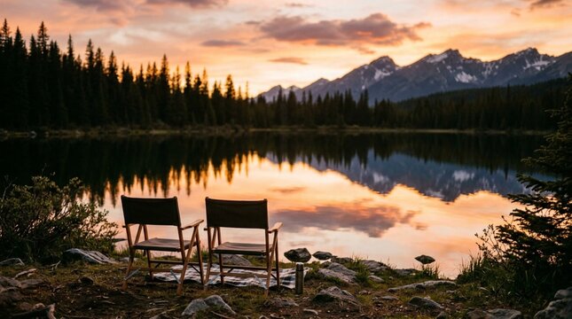 Two empty camp chairs face a reflective alpine lake at sunset beneath pine forest and snowy mountains, useful for outdoor travel and retreat promotions.