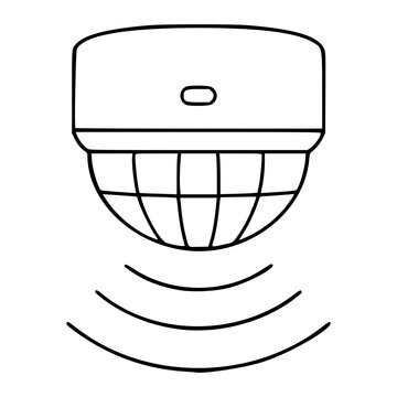 Minimalist hand-drawn vector icon of a wireless motion sensor with outgoing signal waves, clean thin outline design for smart home security system interfaces, scalable line art illustration for tech