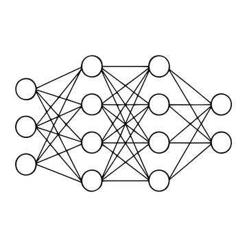 Hand-drawn minimalist vector illustration of a neural network graph with interconnected layers and nodes, designed as a scalable line icon for technology education and machine learning concepts.