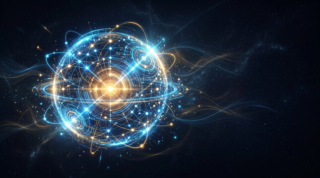 Vibrant glowing atomic structure emits light in dark space with swirling energy
