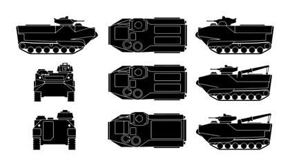 Armored Personnel Carrier Vector Icons, Military Transport Silhouettes, Combat Vehicle Views © Anik