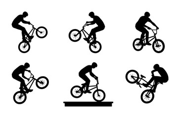Obraz premium BMX Bike Stunts Silhouettes, Extreme Sports Action Vector Set, Dynamic Cycling Performance Graphics