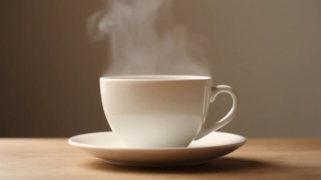 Hot Coffee Cup with Rising Steam on Wooden Table in Soft Morning Light, Full HD Cinematic Motion Background