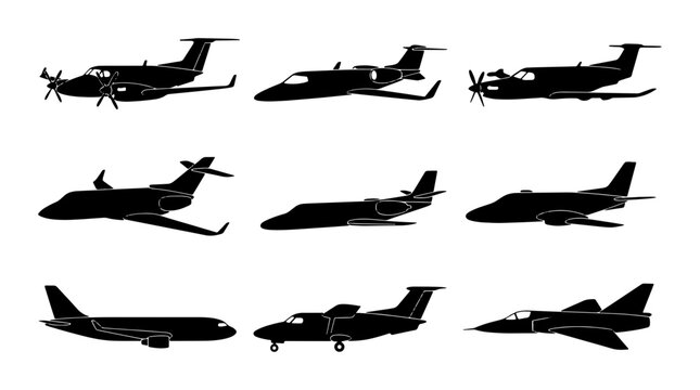 Diverse Aircraft Silhouettes: Business Jets, Turboprops, and Propeller Planes Collection