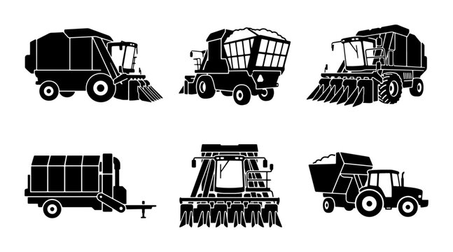 Agricultural Machinery Icons: Harvesting, Tilling, and Transport Vehicles Set