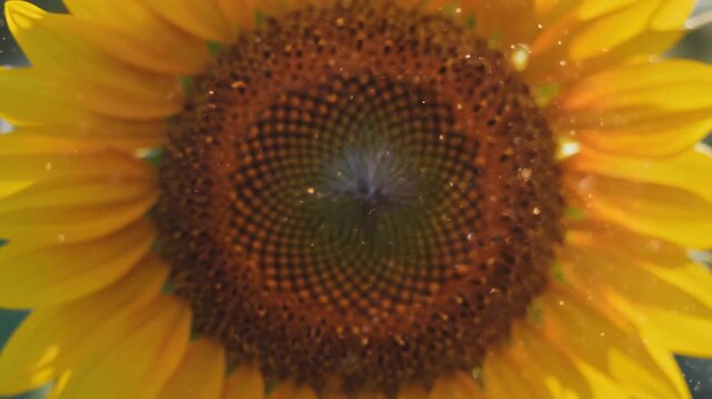 Macro Shot of Sunflower Center with Dust Particles Floating in Intense Sunlight, Cinematic Full HD Nature Background