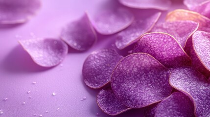 Fototapeta premium Sweet Potato chips placed on a white background,Flying fried Ube sweet potato wedges,PopularTrendy Purple Coffee Shop,plant based recipes,superfood,menu and banner,Healthy and wellness concept.