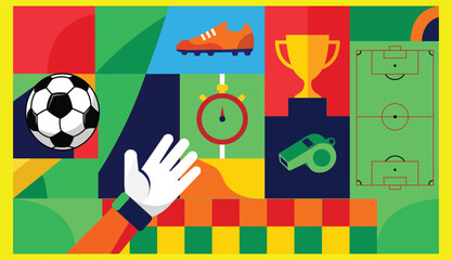 Modern Soccer Elements Collection in Flat Design with Ball Trophy Whistle Goalkeeper Glove and Football Field © NEURIX